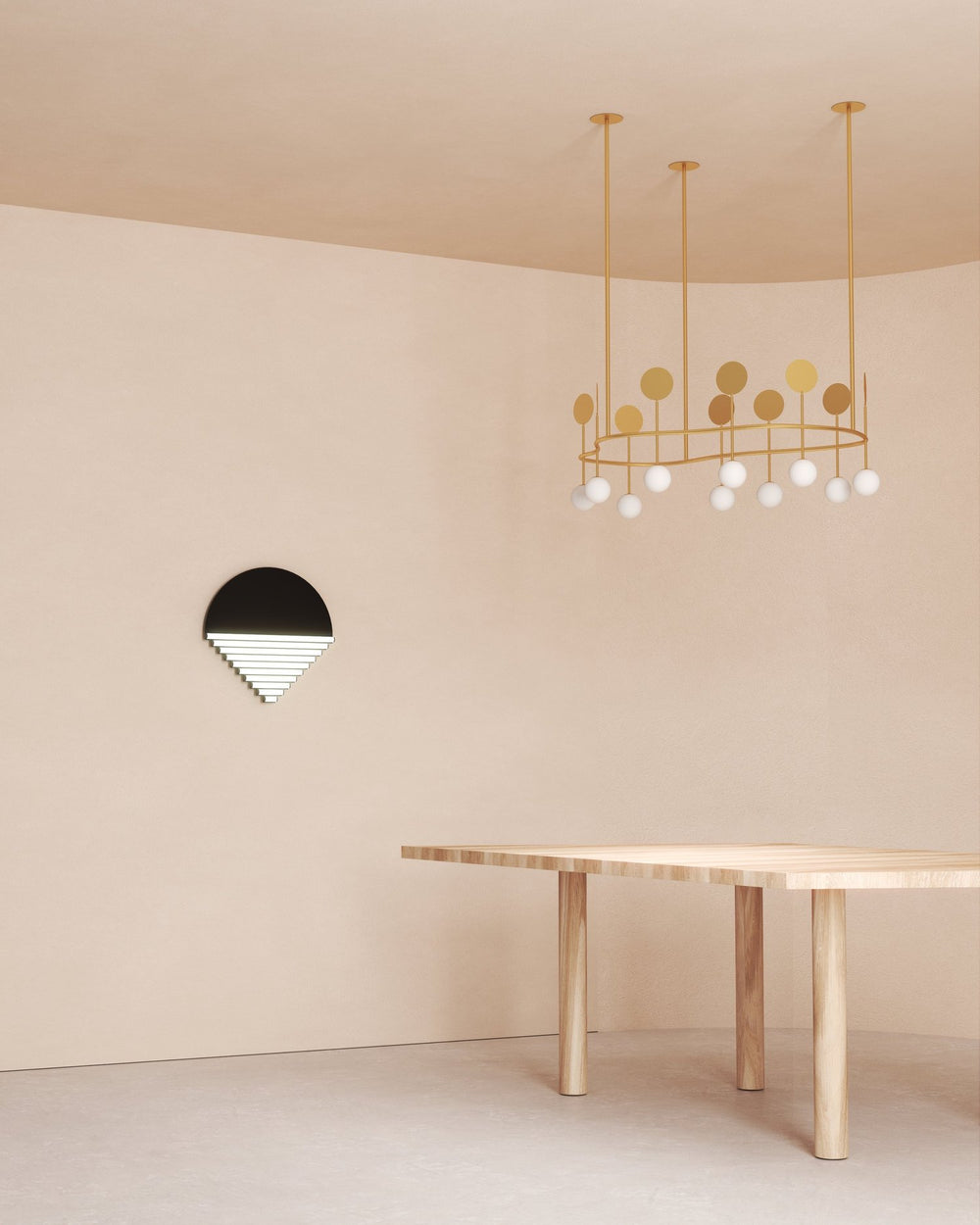 Atelier Areti Row 203OL-P04 rounded pendant, brushed brass structure and plates, rigid metal tube suspension. Official manufacturer room photograph; surrounding furnishings not included.