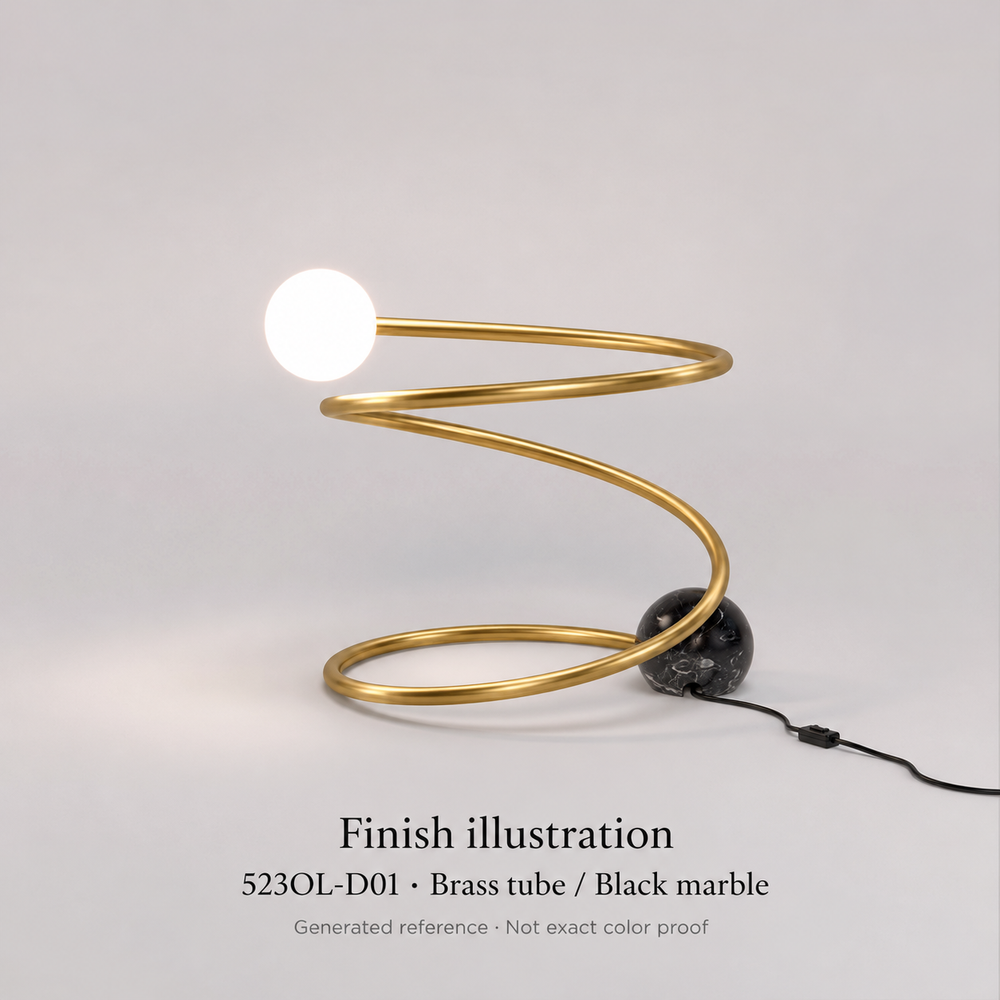 Finish illustration — Atelier Areti 523OL-D01, Brass tube / Black marble. Generated reference based on exact-model manufacturer image; not a manufacturer photograph or exact color proof.