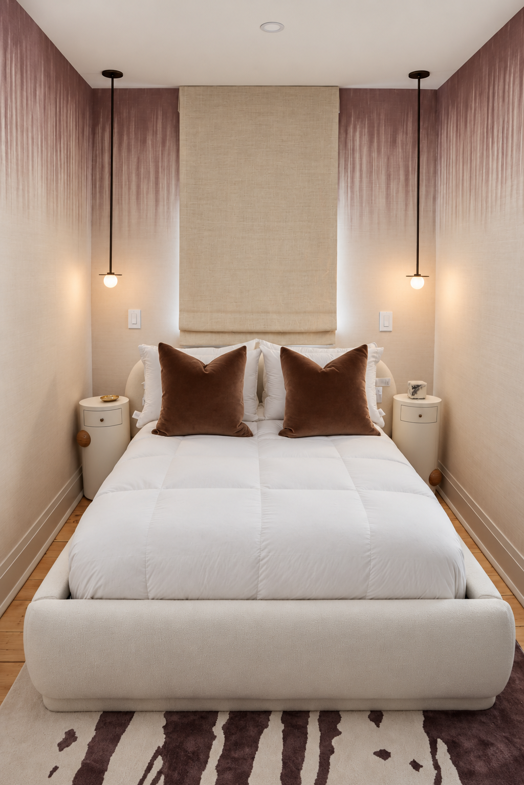 Cara Woodhouse × Downright bedroom with ivory bedding, brown velvet pillows and a tailored linen shade
