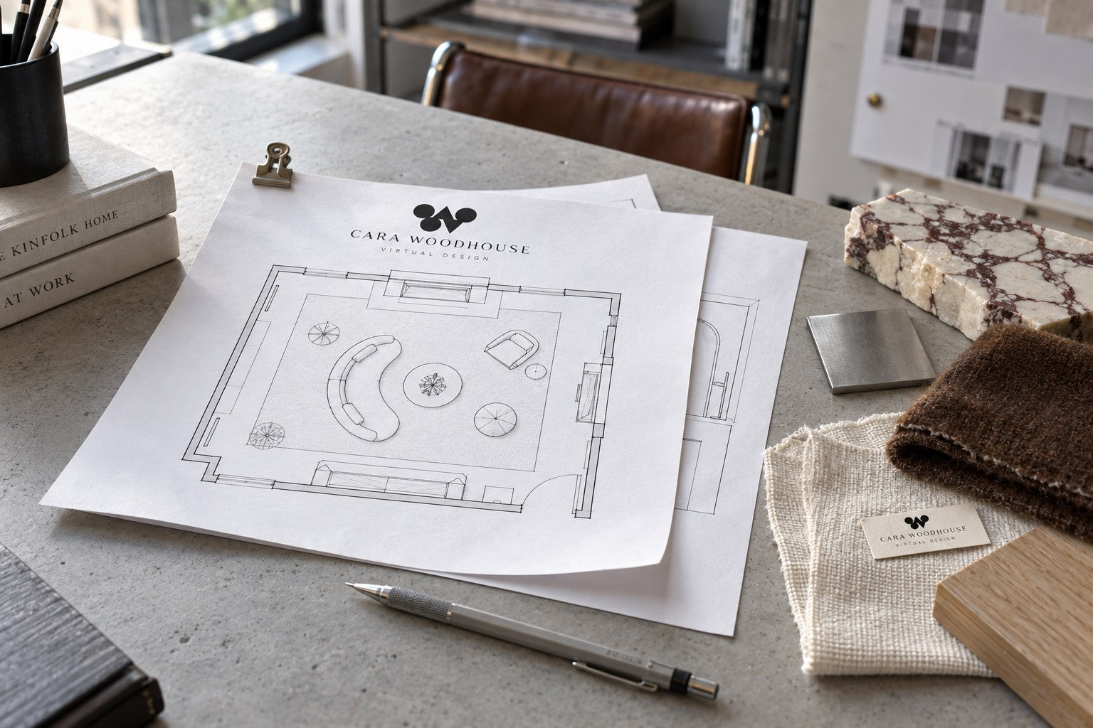 Illustrative Cara Woodhouse virtual design presentation with the studio logo, furniture plan, elevation and material palette