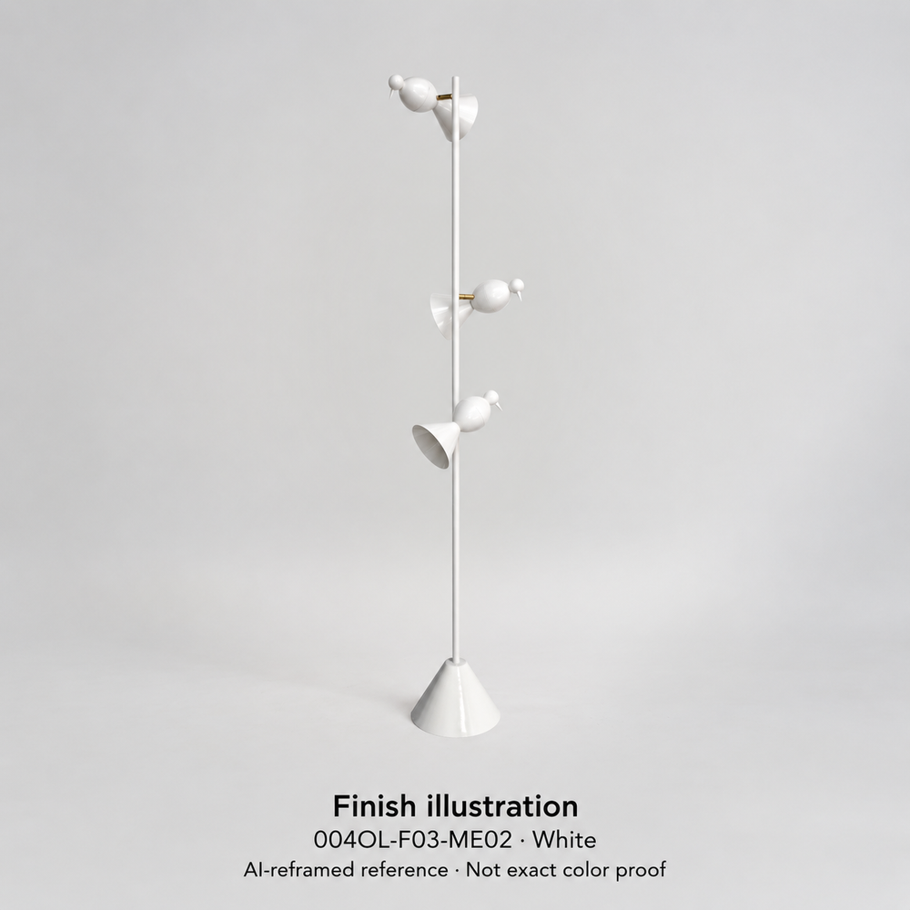 Finish illustration — Atelier Areti 004OL-F03-ME02, White with white reflector interiors. AI-reframed reference from exact-model manufacturer photo with expanded square background; generated derivative, not an original manufacturer photograph or exact color proof.