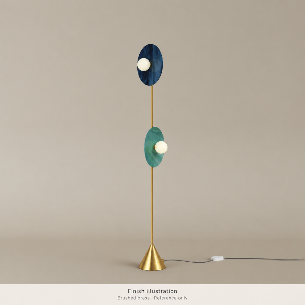 Generated finish illustration: Atelier Areti 514OL-F01-BR01, brushed brass metal finish. Reference only, not an authentic product photograph or exact color proof. Glass colors are an example configuration and must be confirmed separately.