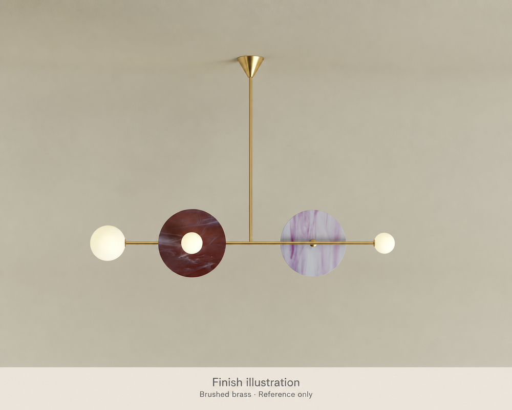 Generated finish illustration: Atelier Areti 514OL-P03-BR01, brushed brass metal finish. Reference only, not an authentic product photograph or exact color proof. Glass colors are an example configuration and must be confirmed separately.