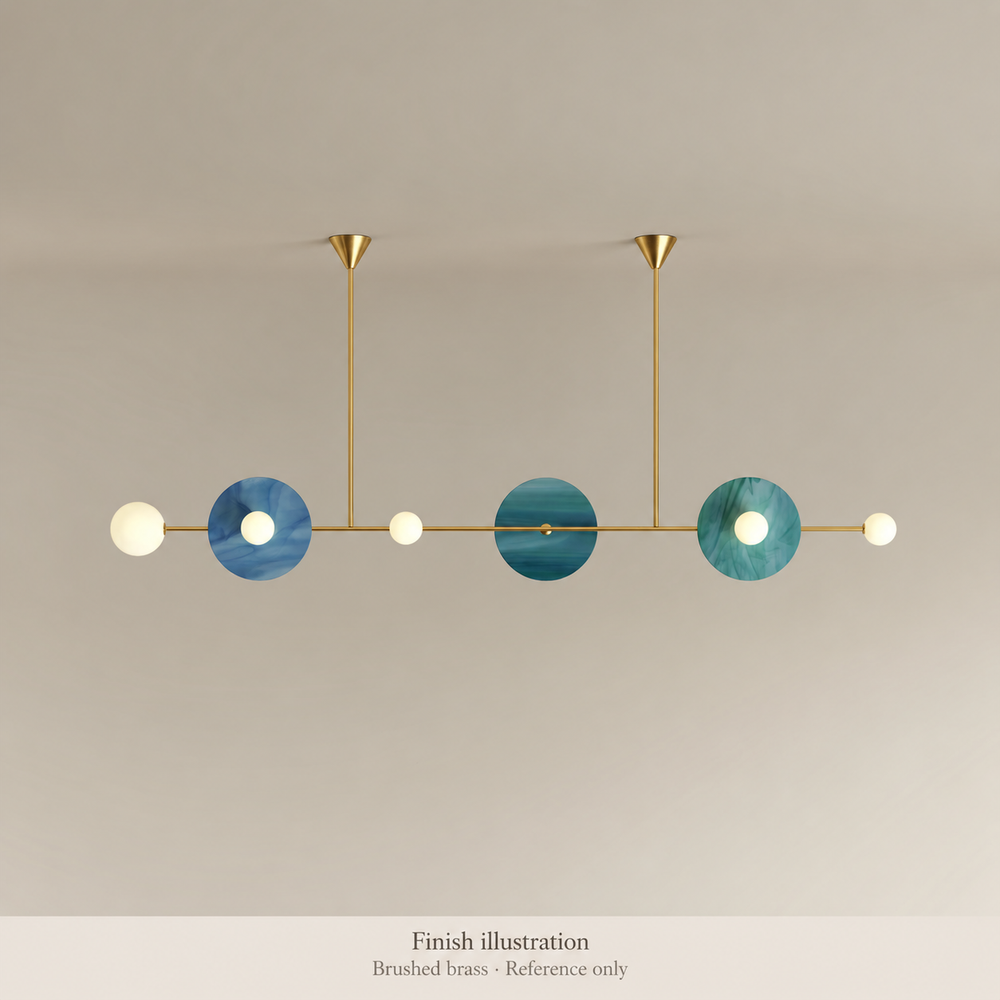 Generated finish illustration: Atelier Areti 514OL-P04-BR01, brushed brass metal finish. Reference only, not an authentic product photograph or exact color proof. Glass colors are an example configuration and must be confirmed separately.