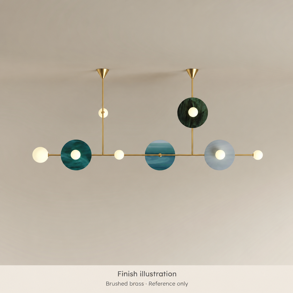 Generated finish illustration: Atelier Areti 514OL-P05-BR01, brushed brass metal finish. Reference only, not an authentic product photograph or exact color proof. Glass colors are an example configuration and must be confirmed separately.
