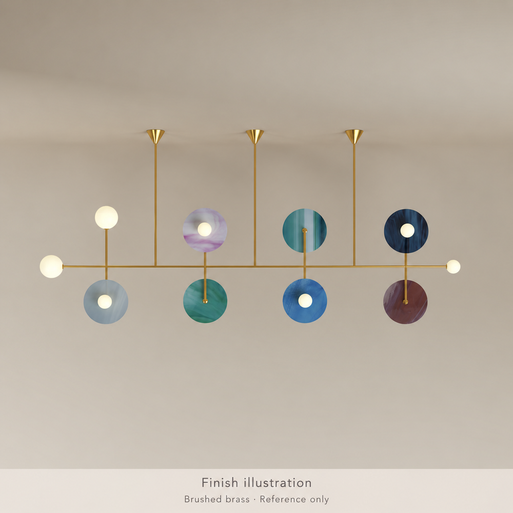 Generated finish illustration: Atelier Areti 514OL-P06-BR01, brushed brass metal finish. Reference only, not an authentic product photograph or exact color proof. Glass colors are an example configuration and must be confirmed separately.