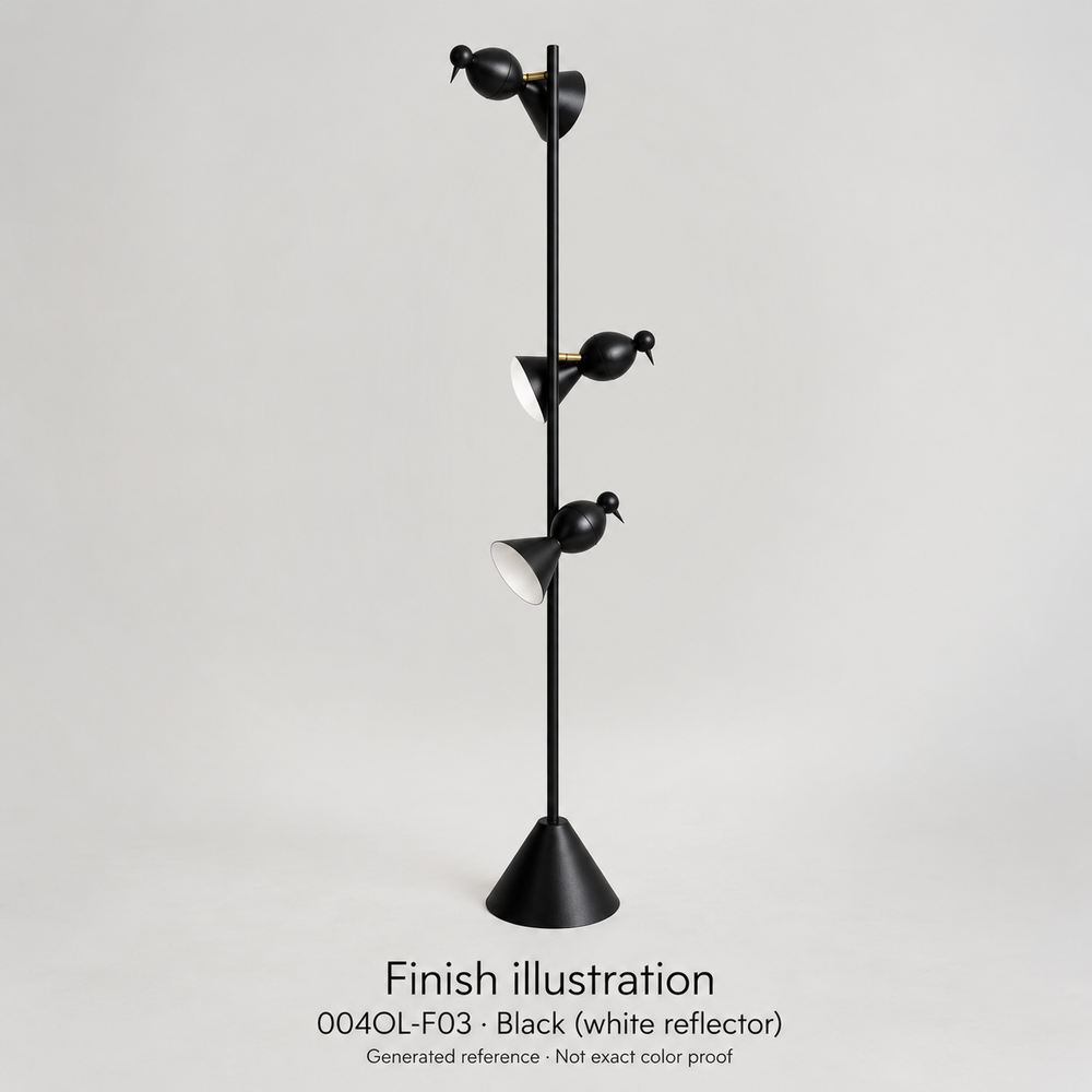 Finish illustration — Atelier Areti 004OL-F03, Black (white reflector). Generated reference based on exact-model manufacturer image; not a manufacturer photograph or exact color proof.