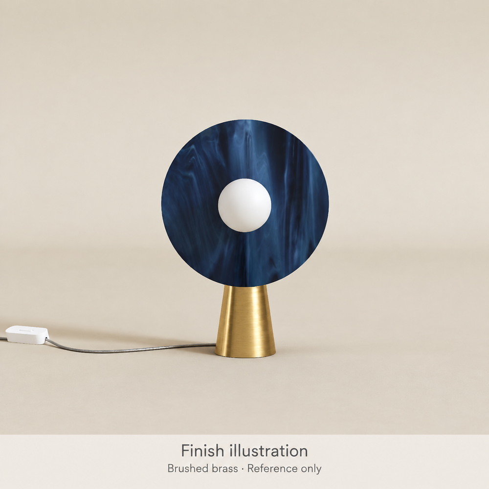 Generated finish illustration: Atelier Areti Disc and Sphere Glass D01, brushed brass metal finish. Reference only, not an authentic product photograph or exact color proof. Glass colors are an example configuration and must be confirmed separately.