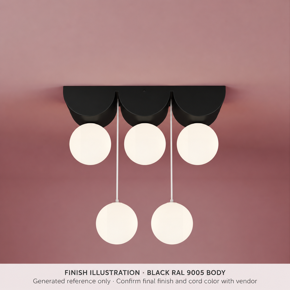 Generated body-finish illustration: Bow 574OL-C03, Black RAL 9005 cast-aluminium body. Reference only; confirm final finish and cord color with vendor. Not a manufacturer photograph or exact color proof.