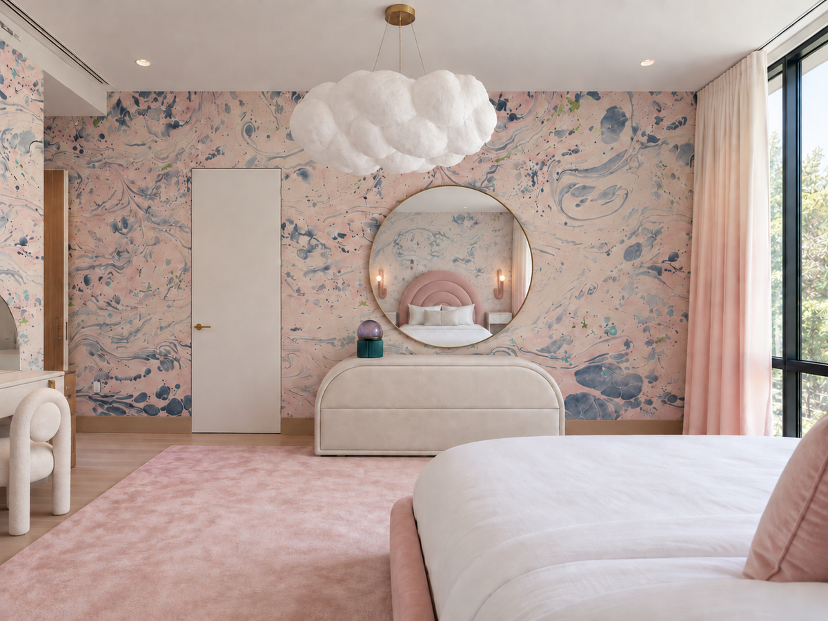 Girls bedroom rounded dresser with circular mirror and cloud pendant