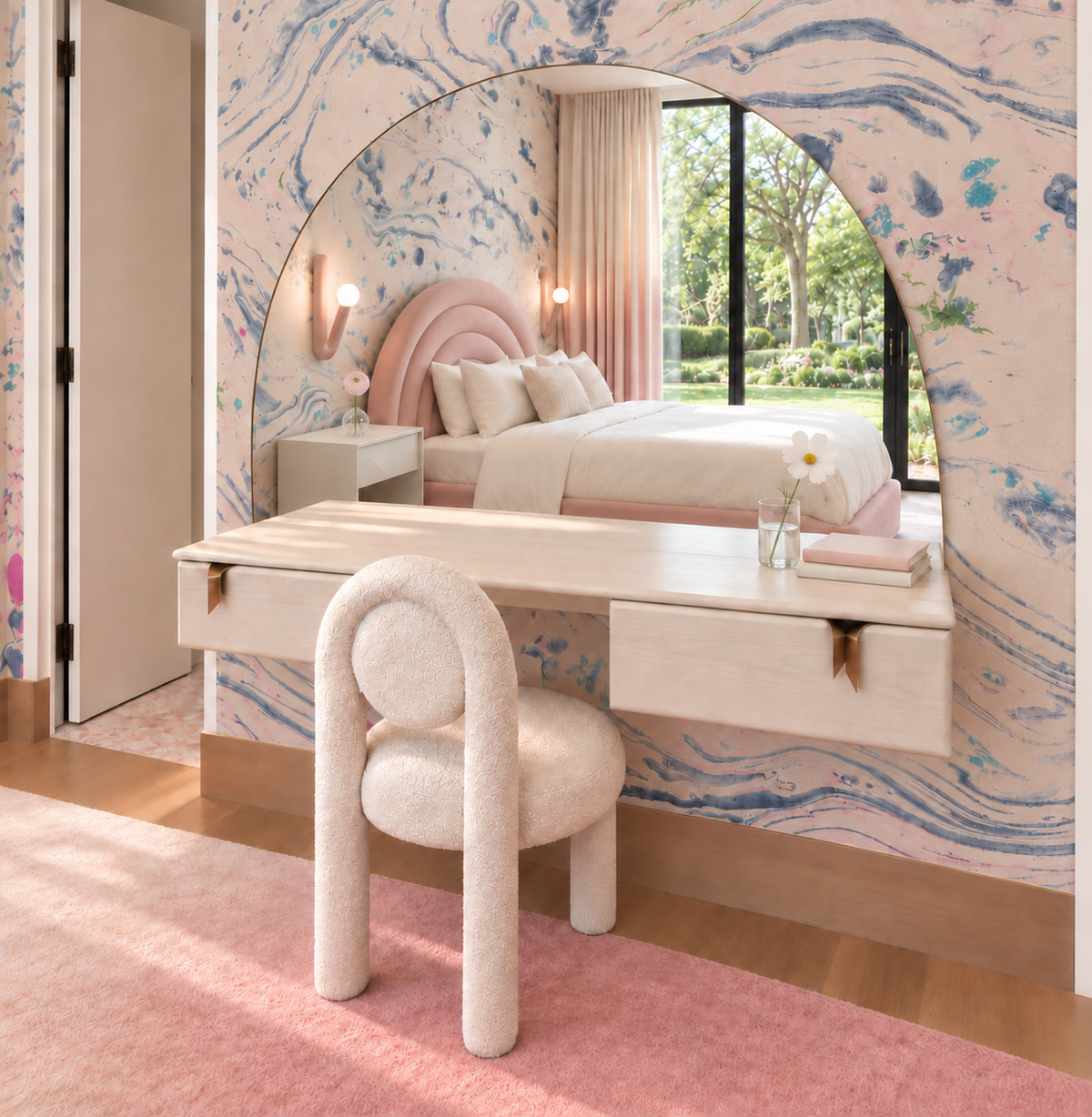 Girls bedroom dressing table with upholstered chair and arched mirror