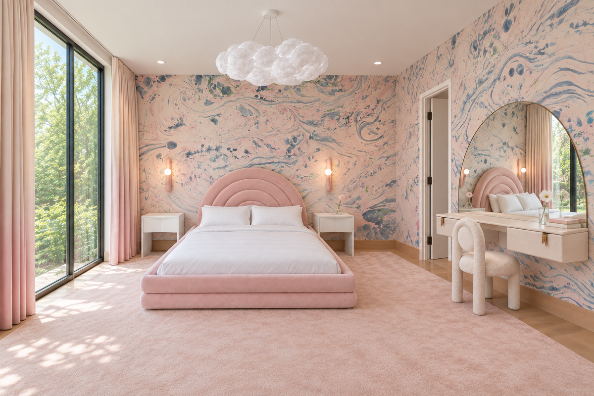 Girls bedroom with pink platform bed, marbled wallpaper and dressing table