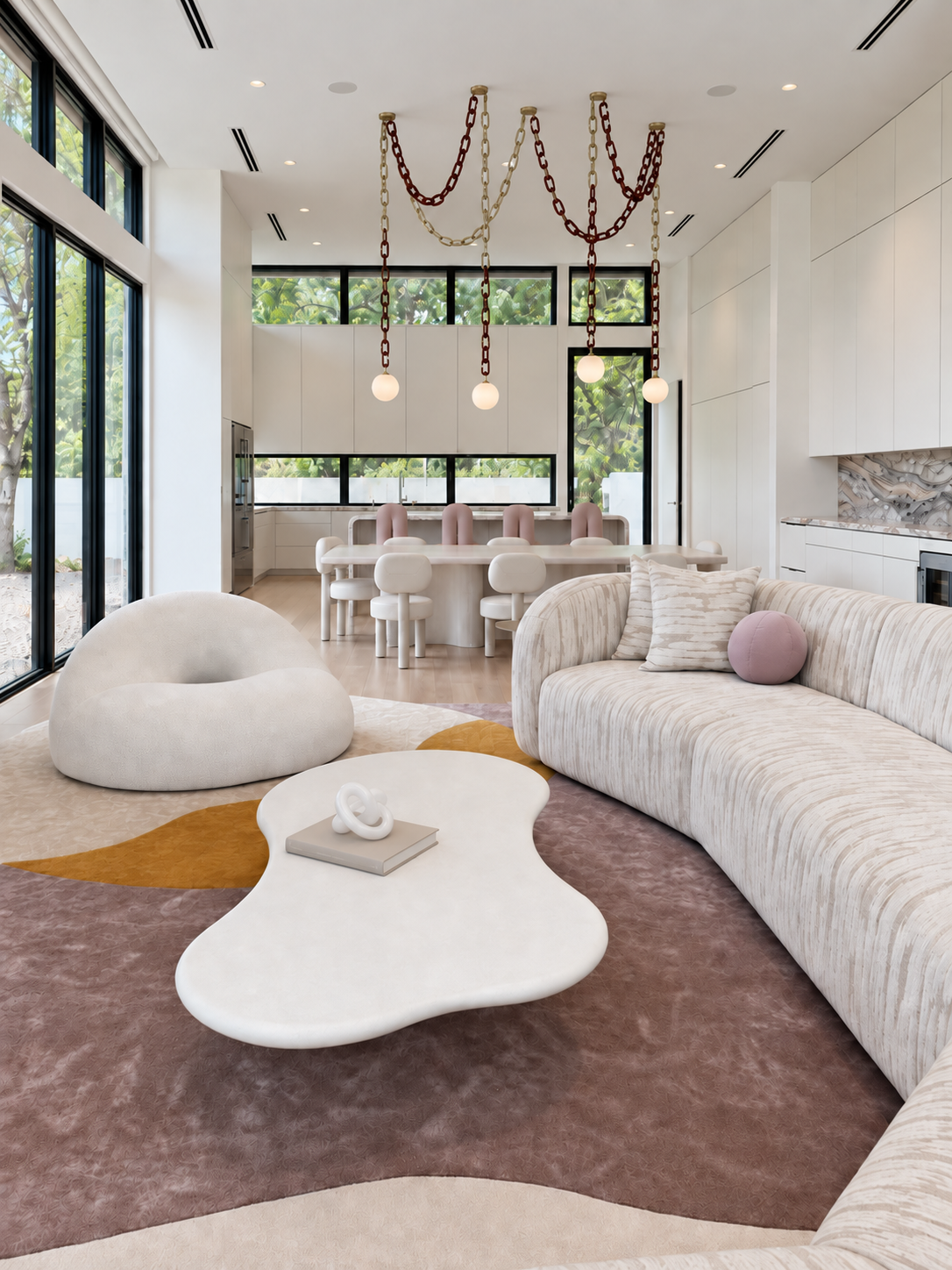 Kendall Miami living room with dining chair tucked beneath the table