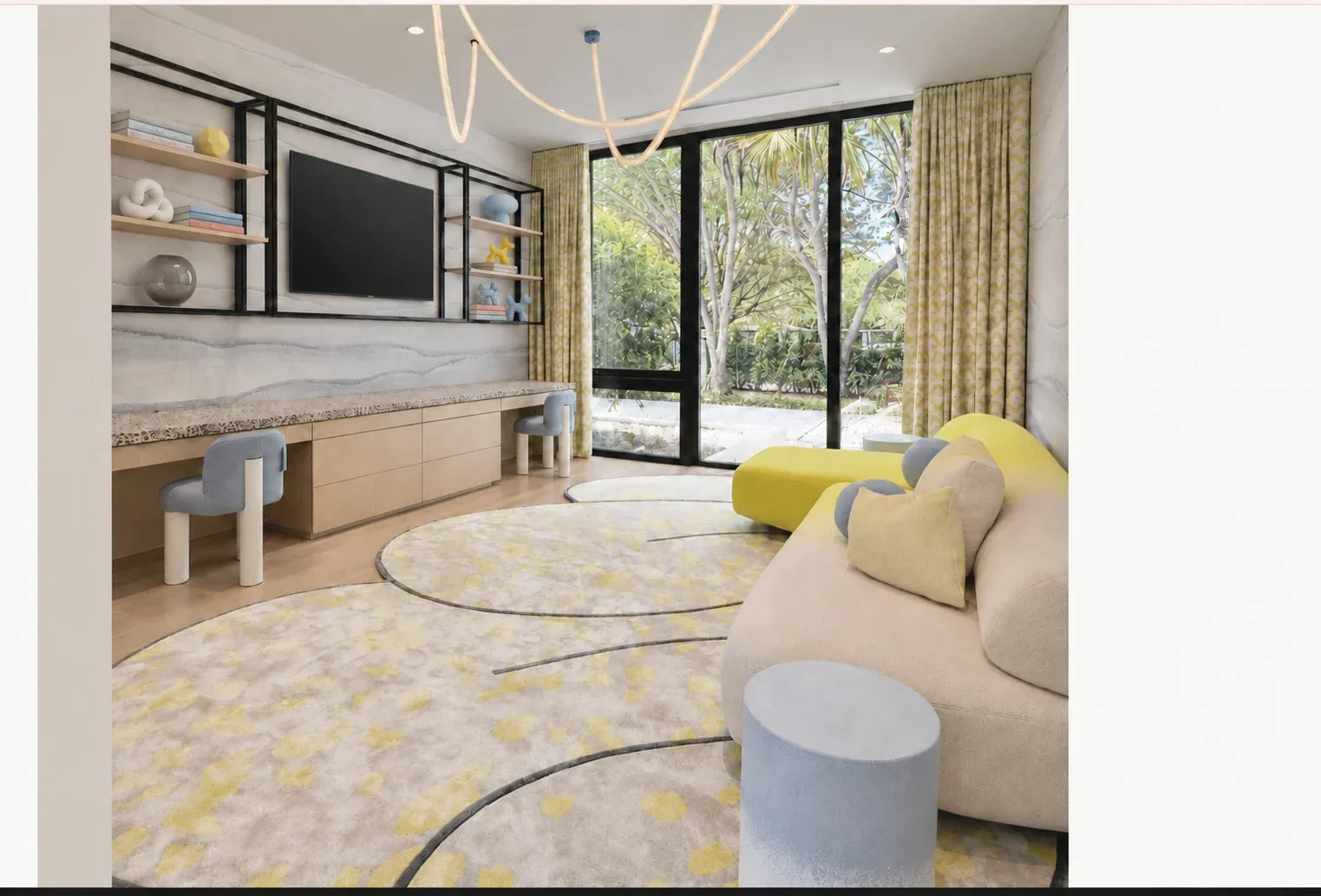 Kendall Miami lounge — TV and styled shelves