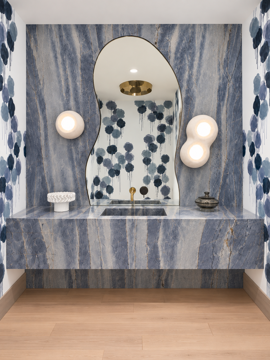Front view of Kendall Miami blue stone powder room