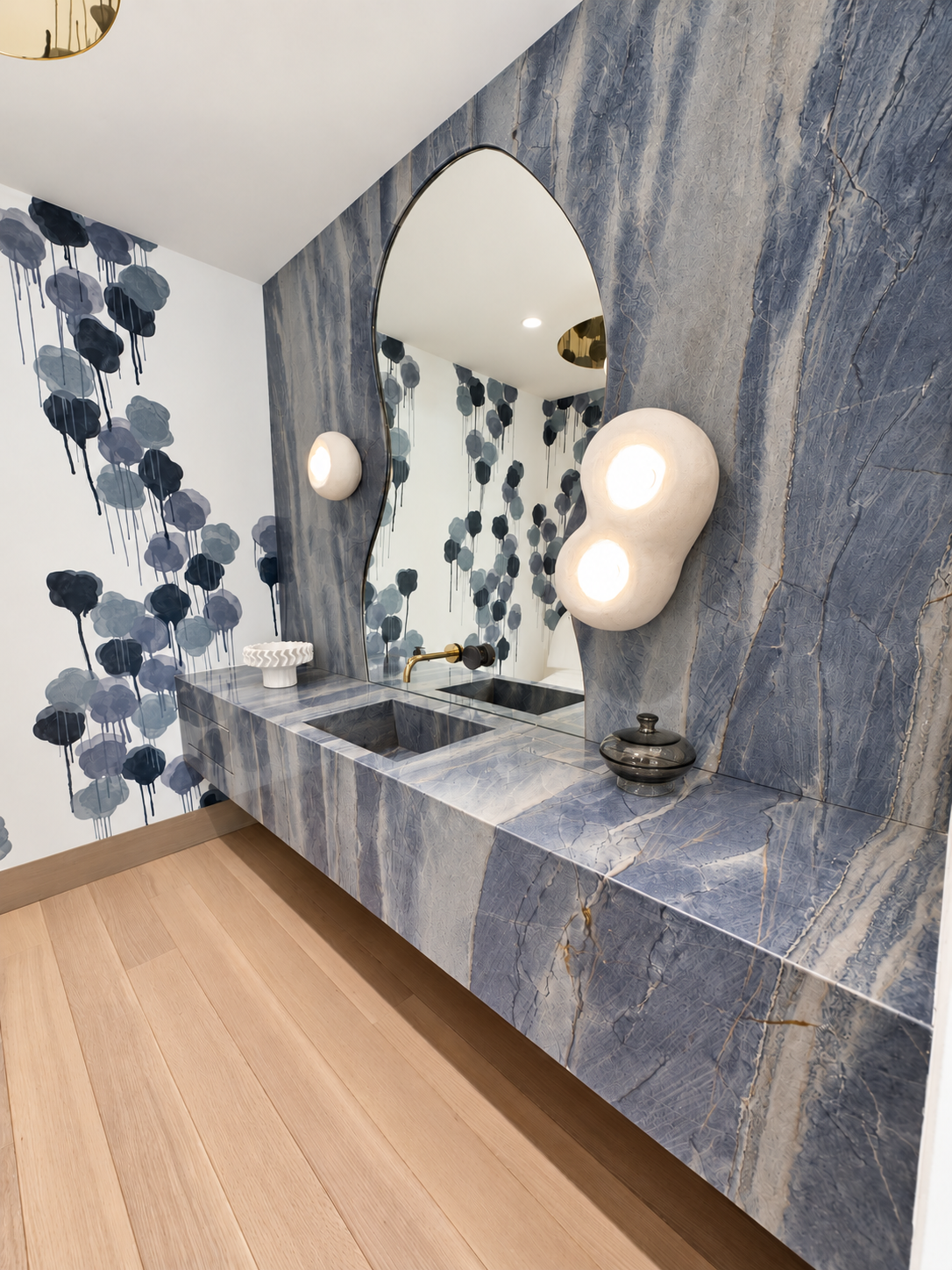 Kendall Miami blue stone powder room with sculptural lighting