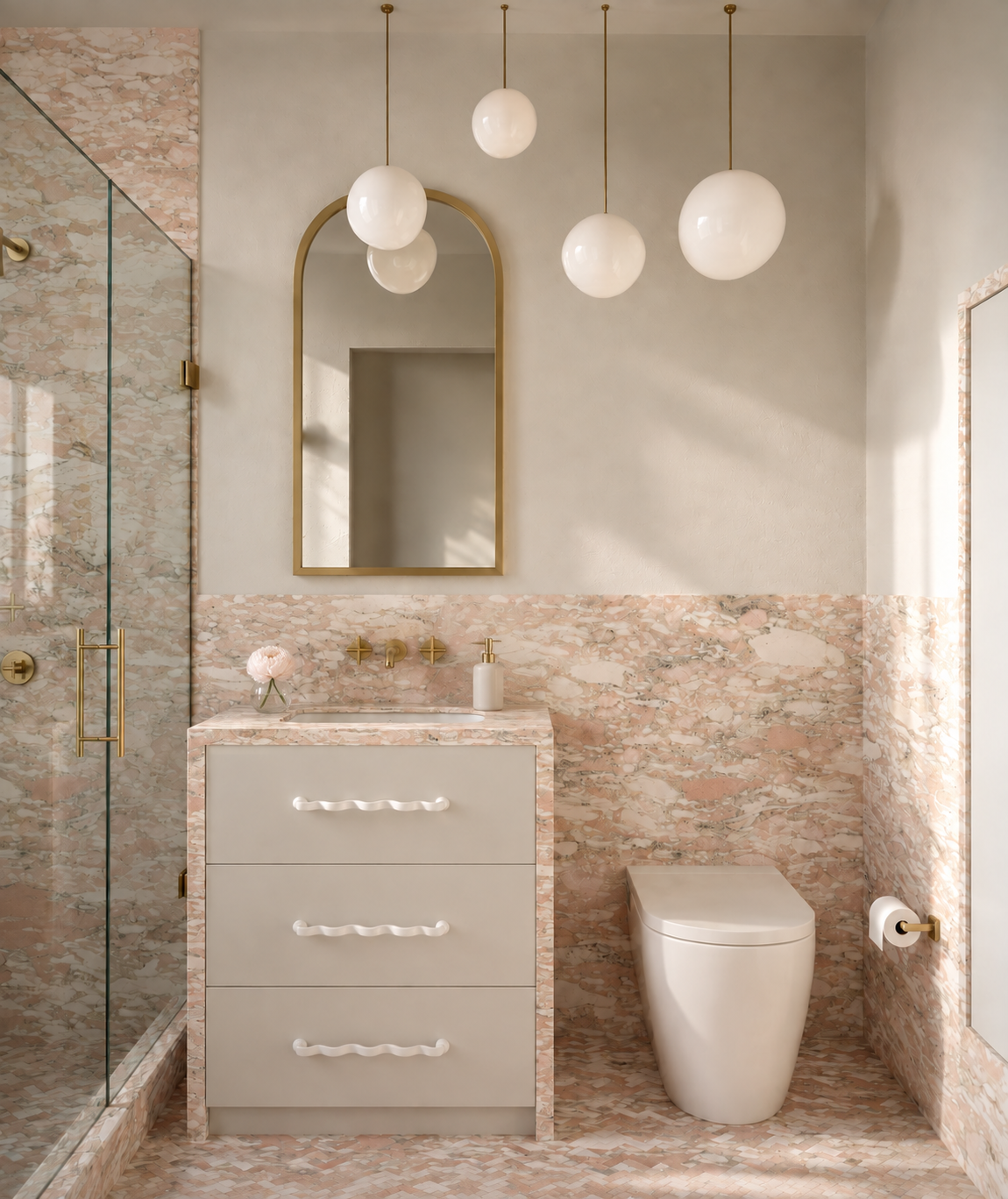 San Diego Ocean Front — Pink bathroom with soap and small peony