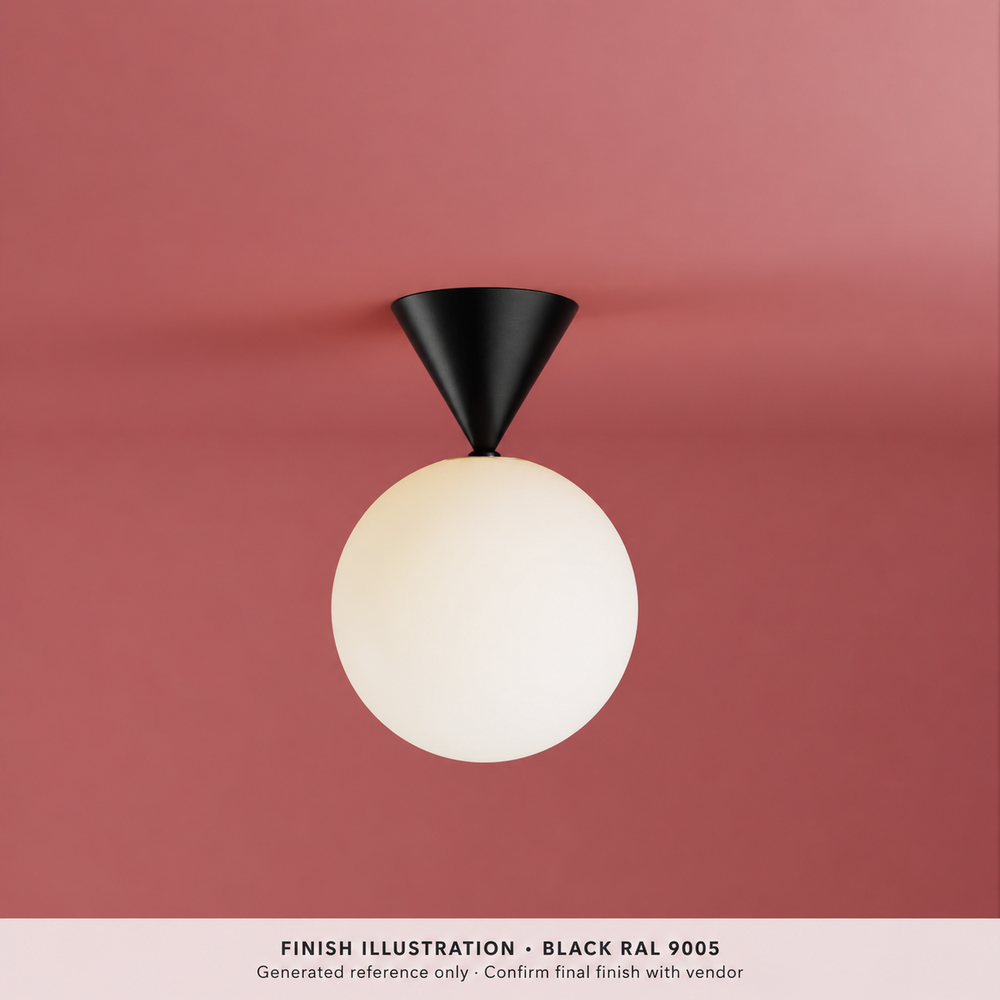Generated finish illustration: Pion 577OL-C01, Black RAL 9005 powder-coated metal cone. Reference only; confirm final finish with vendor. Not a manufacturer photograph or exact color proof.