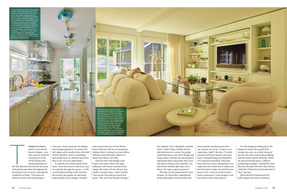 Noyack Cottage kitchen and living room in Rue Magazine, Winter 2026, pages 52–53