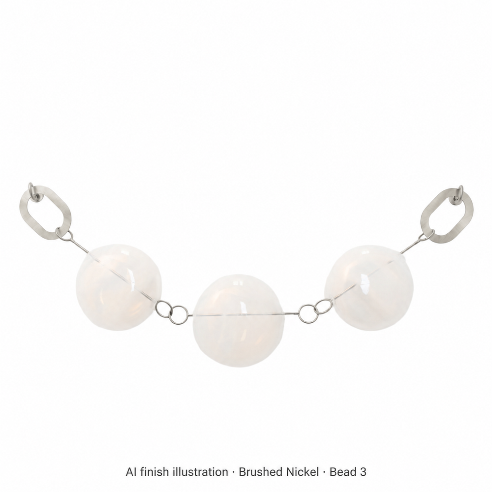 SkLO Bead 3 Wallpiece in Alabaster glass with Brushed Nickel metal. AI finish illustration based on the original exact-size product photo and official SkLO metal swatch; color appearance may vary.